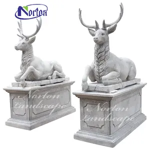 Marble Statues Outdoor Garden Stone Carving Animal Sculpture White Marble Deers Doe And Fawn Statues Yard Decor