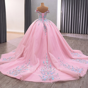 Robe de soirée d'été rose à épaules dénudées avec broderie de sequins et fleurs, style bouffant en organza, pour fêtes, Rsm241084E - Product Image 3