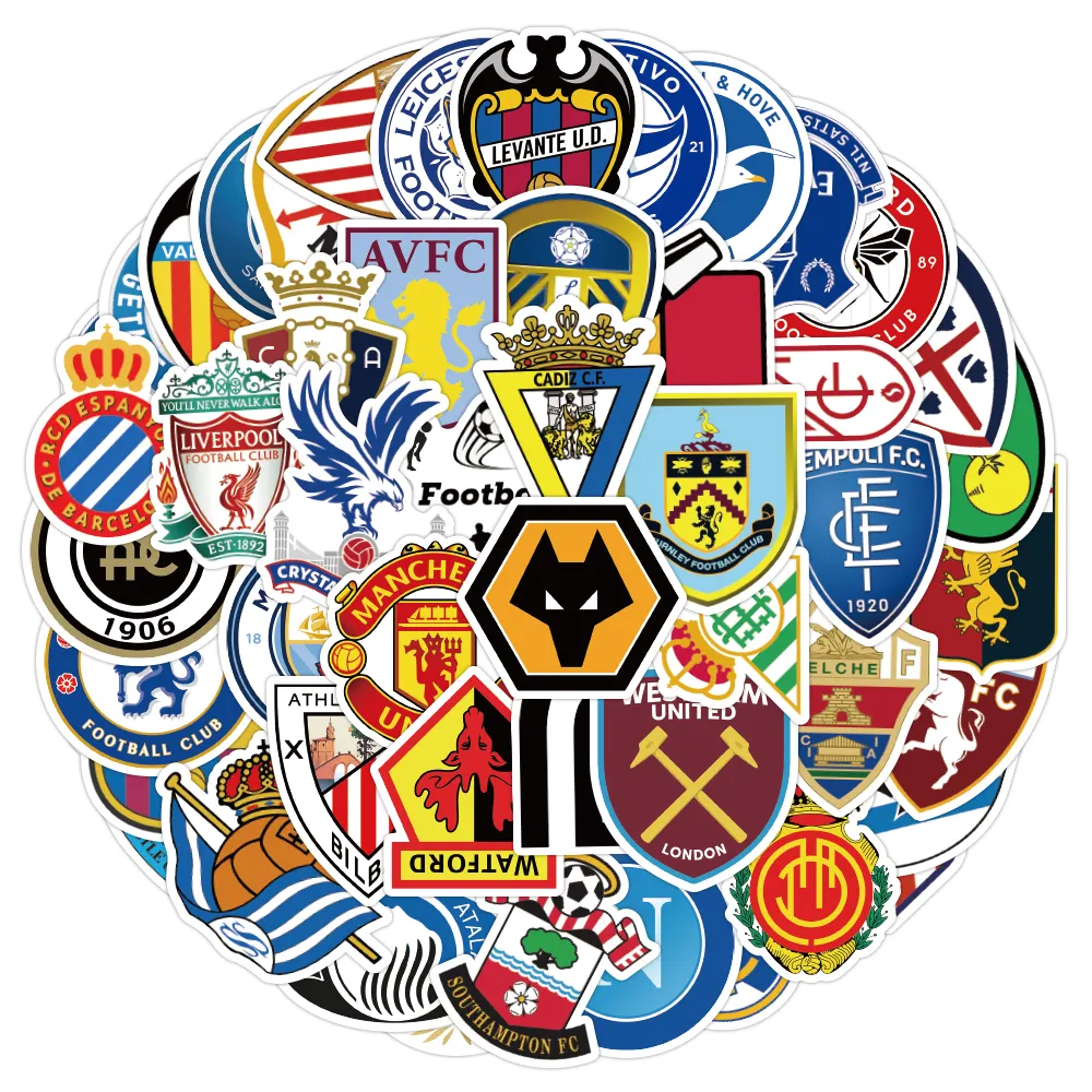 Özel baskı vinil futbol kulübü logo çıkartmaları kalıp kesim çevre dostu karışık renkler PVC malzeme futbol kulübü logo çıkartmaları