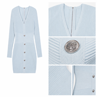 Robe mini en tricot côtelé bleu clair pour femme, col en V profond, manches longues, détail boutonné, OEM ODM
