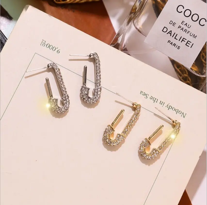 925 Silver Needle Crystal Rhinestone Pin Earrings Safety Pin Huggies Earrings Fashion Jewelry