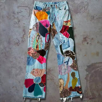 Pantalon en denim brodé avec écusson de créateur personnalisé Pantalons décontractés vintage à la mode avec blocage des couleurs
