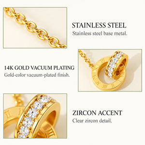 Collier à anneaux entrelacés en acier inoxydable plaqué or 14 carats, pendentif circulaire en zircon, chaîne réglable - Product Image 5