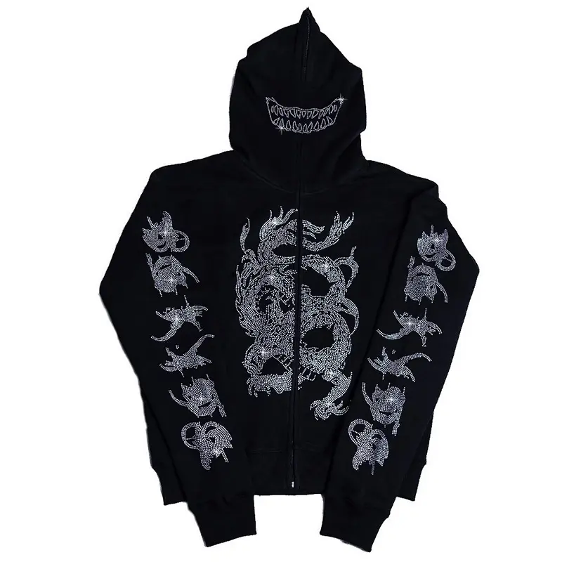 NADANBAO New full face zip up 3d hoodie rhinestone skull street hoodie zipper sweatshirt for men custom unisex hoodie