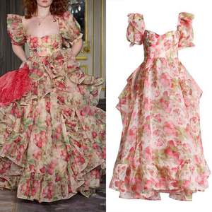 Robe pour femme de style royal, nouvelle collection été, col carré, bretelles, <span class=keywords><strong>jupe</strong></span> ample, imprimé fruits, traîne - Product Image 2