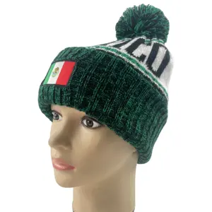 Messico Green Winter promozionale personalizzato Jacquard e berretto in acrilico con toppa intrecciata con pompon