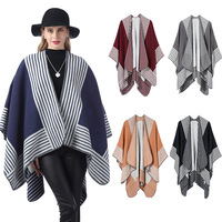 Stripe Impressão de Design de Moda Acrílico Poncho Manto Atacado Grosso Quente Multicolor Spinning Xaile Poncho Xales de Lã para As Mulheres