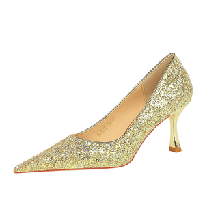 1818-3 BIGTREE Zapatos de Tacón Alto de Moda Coreana para Banquete, Tacón Metálico, Tacón Alto, Punta Puntiaguda, Tela Brillante con Lentejuelas, Modelo Individual - Product Image 6