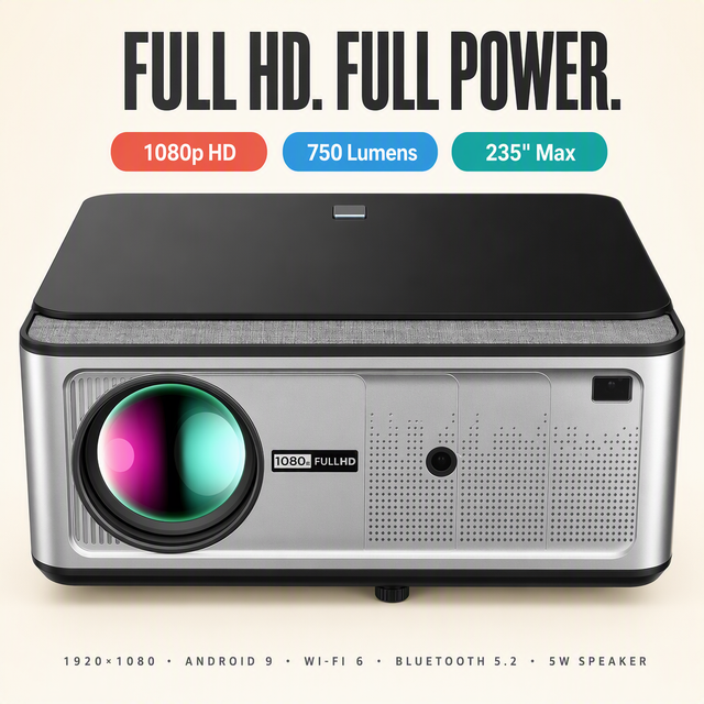 Business Projector 1080P Android 9 with VGA RJ45 HDMI AV USB 750 Lumens LED 5W Speaker for Meeting Room and Classroom Use