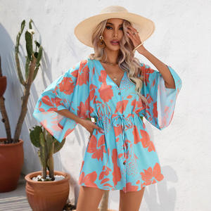 Vestido Mini de Playa con Cuello en V, Manga Corta y Cinturón, Estampado Digital, Estilo Boho Vintage para Mujer, Popular en Verano, para Vacaciones y Salidas - Product Image 3