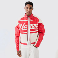 Blouson Bomber de Course en PU Patchwork Personnalisé de Haute Qualité, Coupe Boxy, avec Fermeture Éclair, pour Hommes, Style Voiture de Course et Moto