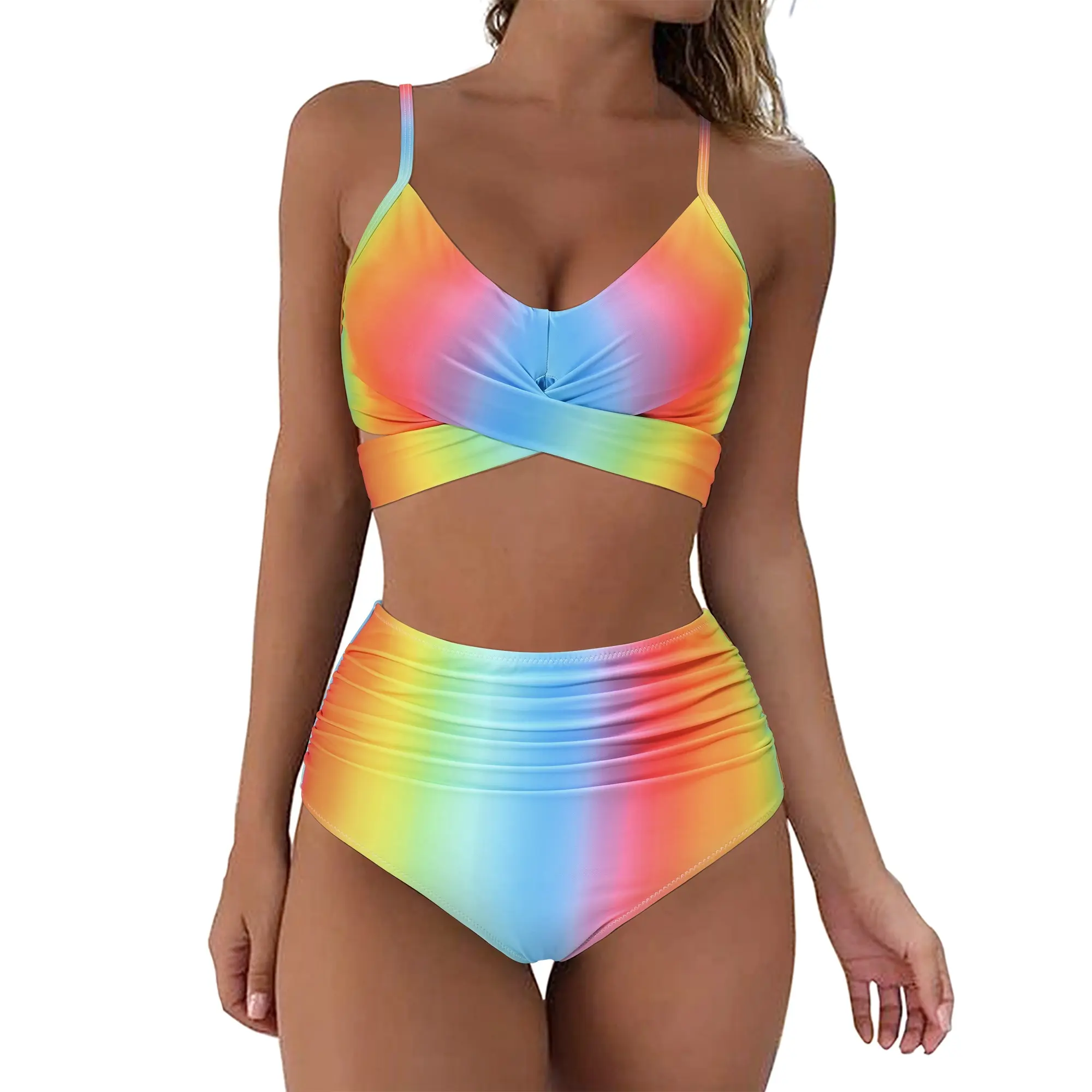 Nhãn Hiệu Riêng Nhà Sản Xuất Chéo Cao Eo Bikini 2 Mảnh Bikini Set Áo Tắm Phụ Nữ Tùy Chỉnh Đồ Bơi