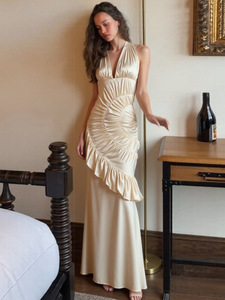 Abito lungo da donna in poliestere stile europeo-americano, nuovo modello estivo 2026, a tubino, a vita alta, tinta unita, scollo a V, con laccetto al collo e schiena scoperta - Product Image 3