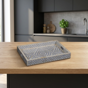 Grey Bone Inlay Rectangular Tray Modern Geometric Pattern Handmade Premium Decorative Wooden Serving Display Tray Accent Box - Product Image 1