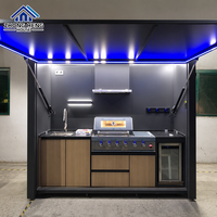 Cuisine mobile d'extérieur de luxe en acier inoxydable 304, pliable, avec auvent à levage hydraulique, LED, grill, évier, réfrigérateur et crédence modulaire
