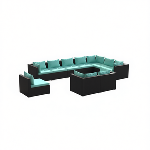 Ensemble de salon de jardin en rotin noir avec coussins bleu ciel, mobilier d'extérieur 10 places, design contemporain - Product Image 1