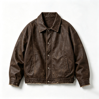 Jaket Kulit Trucker Vintage Distressed Pria Kerah Lapel Kancing Depan Retro Kasual Street Outerwear