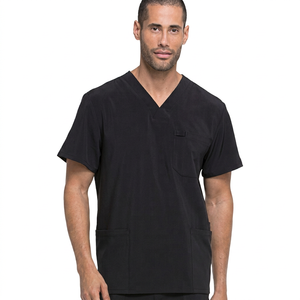 Men's Black V-Neck Short Sleeve <b>Scrub</b> Top With Pockets Woven Cotton Polyester Hospital <b>Uniforms</b> - Product Image 1