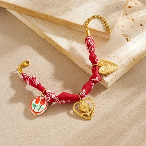<b>Red</b> Fabric Printed Rope Chain Gold Plated Heart Flower Ceramic Pendant <b>Bracelet</b> Women's Everyday Wear - Product Image 3