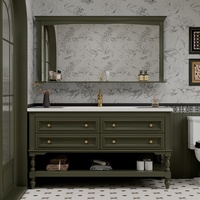 Meuble de salle de bain français en bois massif avec planche laquée, comptoir en marbre autoportant, miroir de salle de bain et bassin en céramique d'hôtel
