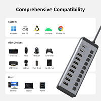 Hub USB-C multiport 10-en-1, vitesse 10 Gbit/s, interrupteurs individuels marche/arrêt, répartiteur USB alimenté 36 W pour ordinateur portable, ordinateur de bureau, tablette