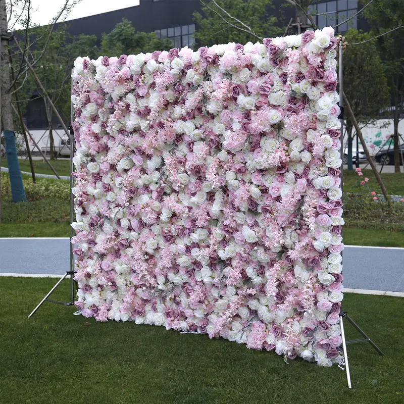 Oem 8 * 8ft कपड़ा 2 टुकड़ा 3D 5D रोल अप फूल दीवार पृष्ठभूमि शादी गुलाब पृष्ठभूमि कपड़े पुष्प दीवार पैनल बुध सफेद फूल दीवार