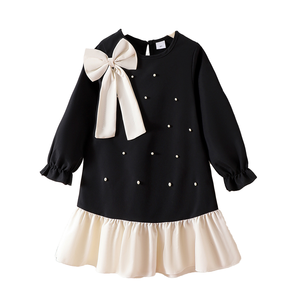 Vestidos de princesa de pana transpirables de manga larga con patchwork, cuentas y lazos grandes para niñas, diseño de primavera 2026, ODM - Product Image 2