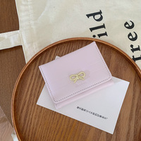 Dompet Lipat Pendek Kulit PU Wanita Fashion Korea Dekorasi Pita Manis Logam Tempat Kartu Kredit Dompet Mini Penggunaan Kasual Sehari-hari