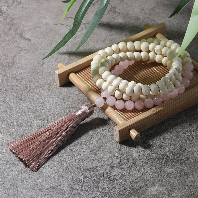 Bohemian Meditation Yoga Wood Bead Tiger Eye Rose Quartz Crystal Natural Stone Beaded Long Tassel Japamala Rosary Mala Necklace