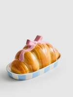 Beurrier en céramique rose avec nœud papillon, forme de croissant, récipient de rangement pour le beurre, récipient à pain en forme de croissant pour le beurre