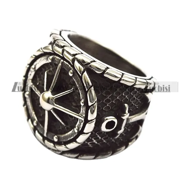 Sea Theme Jewelry Silver Engraved Nautical Navy Compass Round Signet Ring with Anchor Pattern
