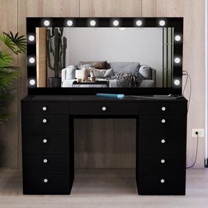 Coiffeuse avec miroir de maquillage, 6 <span class=keywords><strong>tiroirs</strong></span>, couleur <span class=keywords><strong>noire</strong></span>, table de toilette pour chambre à coucher, avec éclairage LED moderne - Product Image 3