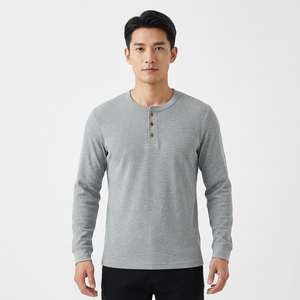 Custom 3 Button <b>Henley</b> T Shirt <b>Men</b> <b>Long</b> <b>Sleeve</b> Slim Fit Waffle Knit Polyester Cotton - Product Image 1