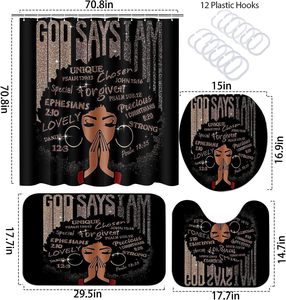 Black Pretty Girl 4 PCS <span class=keywords><strong>Accesorios</strong></span> de <span class=keywords><strong>baño</strong></span> Juego de cortinas de ducha Alfombrilla de <span class=keywords><strong>baño</strong></span> antideslizante Cubierta de tapa de inodoro Cita inspiradora Stock - Product Image 2