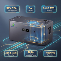 Module de batterie LiFePO4 2662Wh 32V 52Ah, BMS à équilibrage actif, décharge 100A, chauffage pour stockage solaire domestique