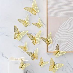 Autocollants muraux 3D effet métallique papillons en papier ajourés, imperméables, 12 pièces, décoration d'ambiance, aimants de réfrigérateur - Product Image 1