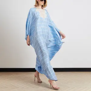 여성 캐주얼 batwing 슬리브 스트라이프 드레스 레이스 중공 디자인 칼라 아프리카 느슨한 kaftan 라마단 가운 모로코 가운