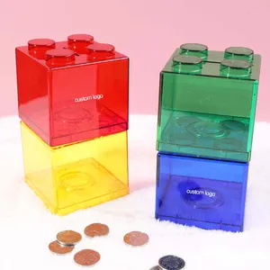 Benutzer definierte Kunststoff-Baustein Money Stack Coin Bank zum Sparen von Geld mit Logo aufgedruckt verfügbar