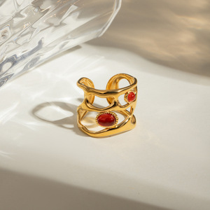 Geometric Red Agate Hollow <b>Open</b> <b>Ring</b> 18K Gold Plated Stainless Steel Unisex Party Jewelry - Product Image 2