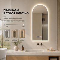 Miroir de salle de bain LED rétroéclairé arqué avec variateur d'intensité, anti-buée, contrôle tactile 3 couleurs, Bluetooth, miroir de maquillage mural