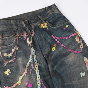 <span class=keywords><strong>Jean</strong></span> noir ample à jambe large pour homme avec imprimé chaîne bonbon, denim délavé vintage pour le streetwear - Product Image 4