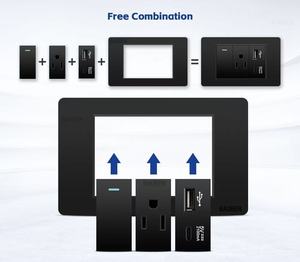 Prise murale américaine standard Type-C 20W à 3 <span class=keywords><strong>prises</strong></span> avec 1 port USB et 1 port USB-C, noire, style américain, ignifuge et sécurisée pour la maison - Product Image 4