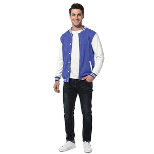 <b>Mens</b> Blue <b>White</b> Varsity <b>Jacket</b> Contrast Sleeves Stand Collar Cuffs Hem Zipper Front Casual Outerwear Waterproof Breathable - Product Image 1