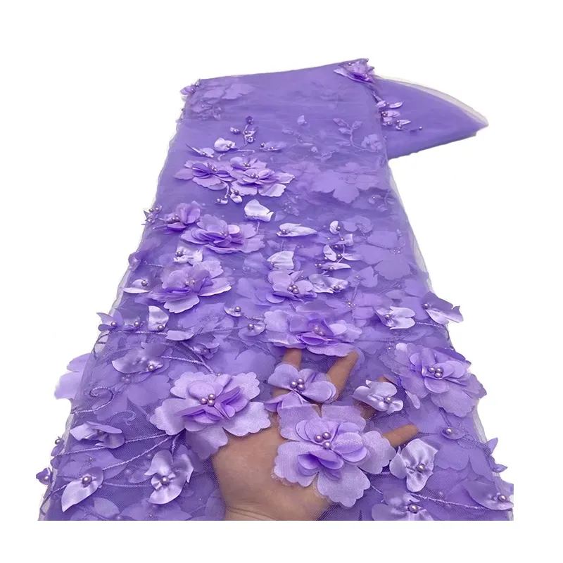 Nuevo estilo 3D Flora Tissu de dentelle de broderie lujo África con cuentas flor encaje personalizado mujer boda fiesta tela para Decoración