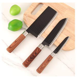 Ensemble de 6 couteaux en acier inoxydable ondulé noir avec manches en <span class=keywords><strong>bois</strong></span>, compatibles lave-vaisselle, <span class=keywords><strong>ciseaux</strong></span> ambidextres, éplucheur translucide fumé - Product Image 3