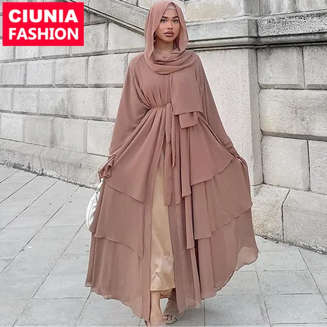 Abaya abaya vestido musculino feminino, cor lisa, 3 camadas, abaya dubai, mulheres, vestido, com combinação, hijab 1896 #