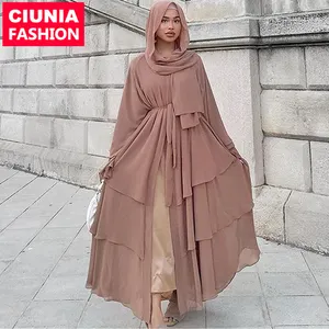 1896 # 纯色雪纺3层分层开放巴亚迪拜穆斯林女性Abayas连衣裙，搭配Hijab围巾