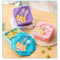 Boîte à lunch scolaire carrée en plastique, mignonne, à 3 compartiments, avec cuillère et baguettes