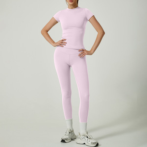 Nuovo Completo Sportivo da <span class=keywords><strong>Donna</strong></span> ad Asciugatura Rapida, Traspirante, con Maniche Corte e <span class=keywords><strong>Pantaloni</strong></span> Yoga a Vita Alta Modellanti, Set da Palestra per Donne - Product Image 6