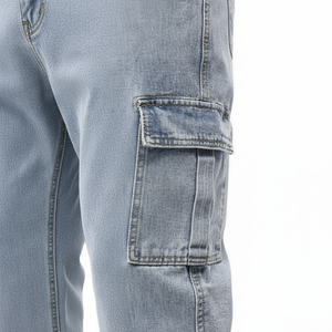 Designer <b>Men's</b> Regular Fit Mid <b>Waist</b> Knitted Cargo <b>Jeans</b> High Street Fashion Pleated Distressed Wash Breathable Denim Pants - Product Image 1